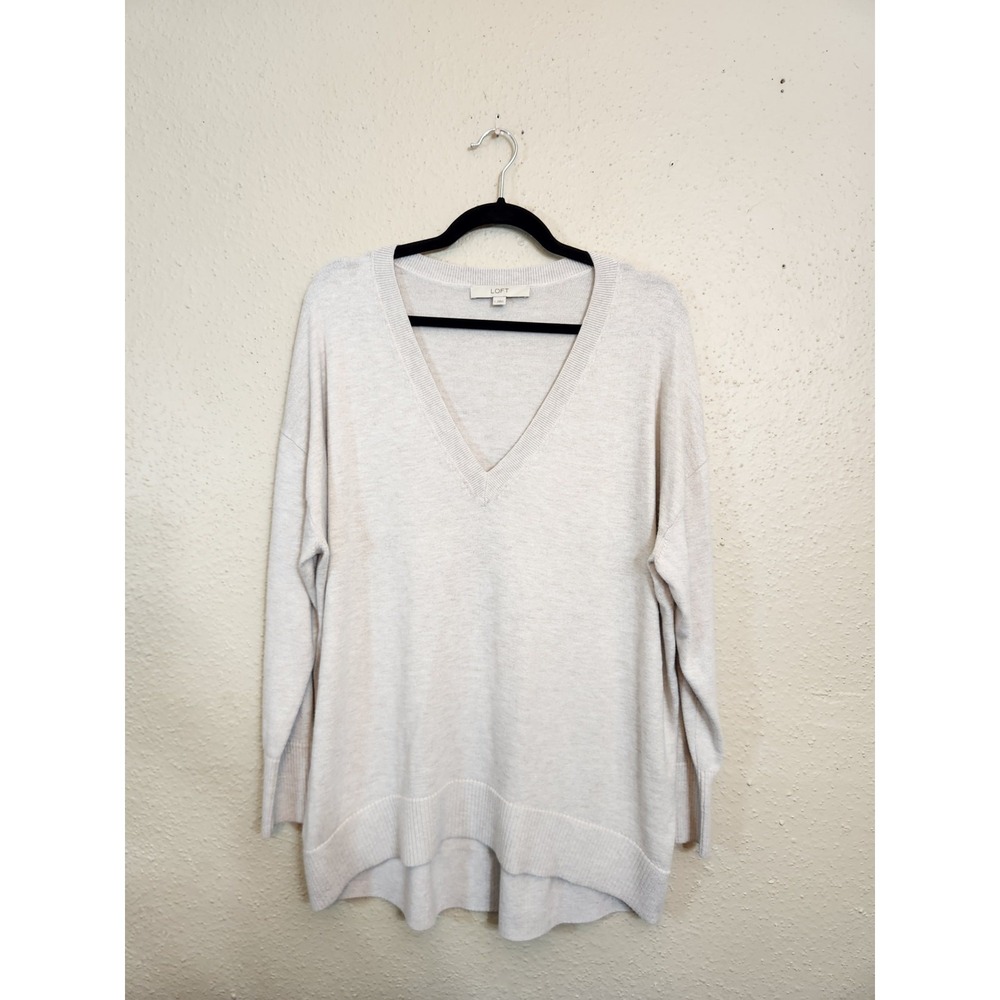 Loft Womens Large Oatmeal Beige‎ V-Neck Sweater High-Low Hem Relaxed Fit Knit
